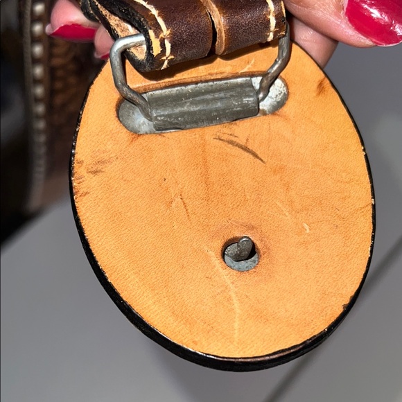 Ranch Pal Brown and Tan Tooled Leather Belt  size 38 armadillo, buckle - Picture 11 of 12